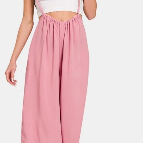 Zenana Women's Pink Sleeveless Tie Back Jumpsuit Size M Casual - Picture 2 of 5